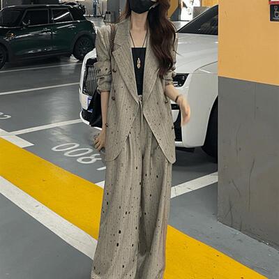 高级感西装套装女2024秋季洋气显瘦宽松烫钻西服外套阔腿裤两件套
