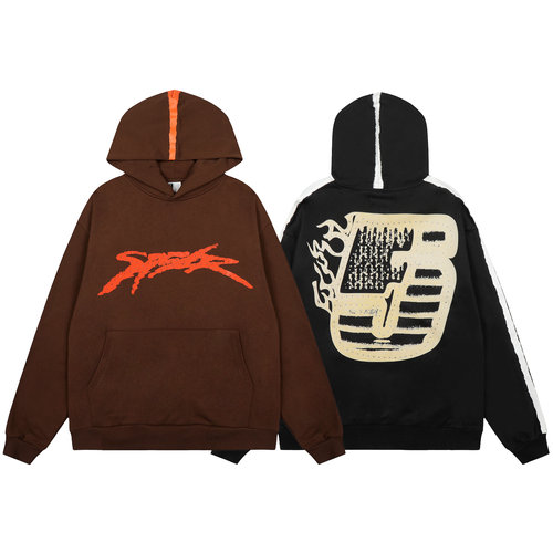 高质量Sp5der 555555 烫钻字母火焰5宽松美潮街头连帽卫衣