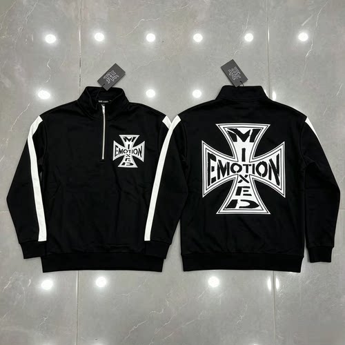 MIXED EMOTION黑白撞色侧边条纹立领卫衣半拉链十字宽松长袖上衣