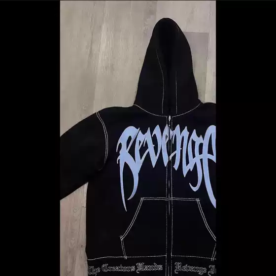 Revenge 22Fw Multi-Needle Embroidered Zipper Jacket with Large Embroidered Logo, Cardigan Sweatshirt with Hem Embroidery Craftsmanship