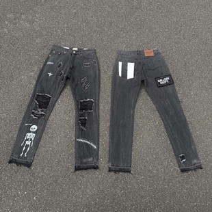 现货GALLERY DEPT. 骷髅头手缝贴布磨破做旧牛仔裤