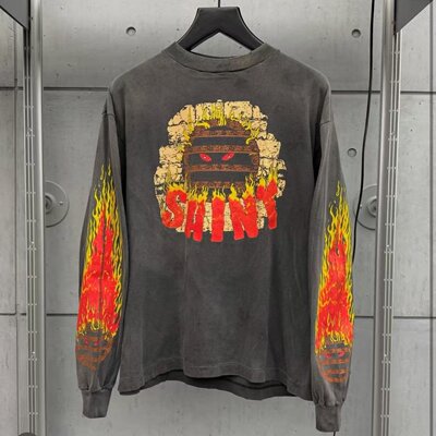 SAINT Mxxxxxx FW24 双袖火焰图案人物拼贴长袖T恤 男女同款