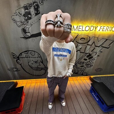 现货Paly Hollywood 25SS华夫格长袖做旧印花卫衣米卡同款长tee