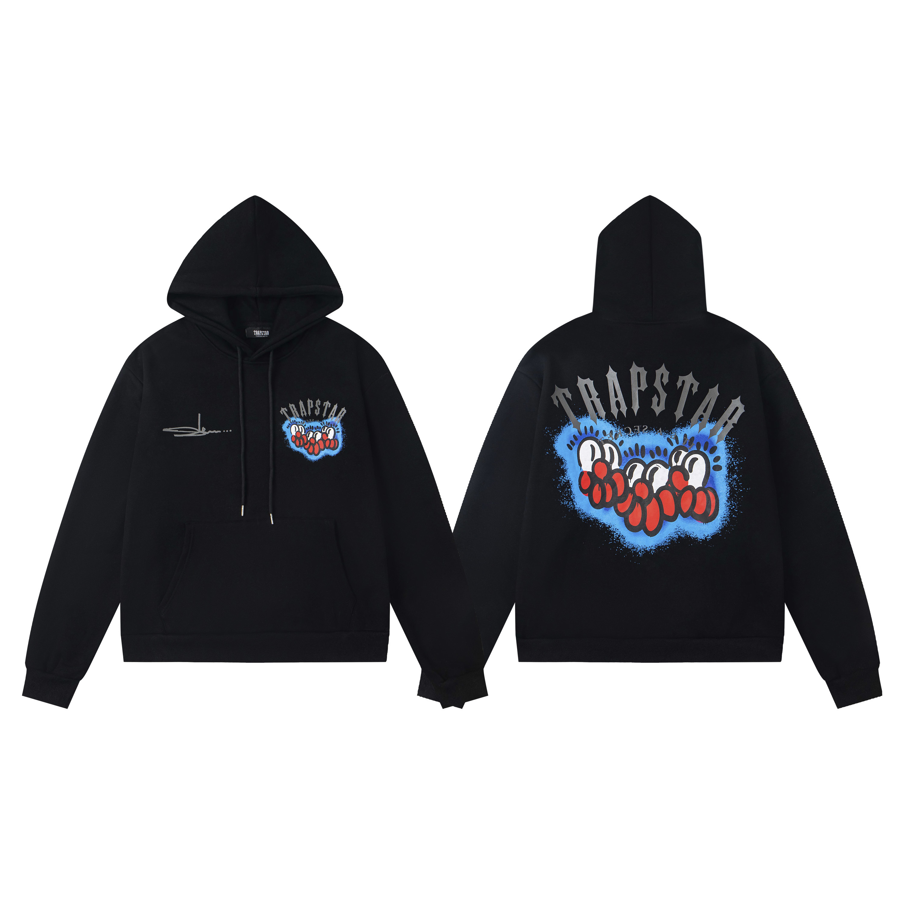 现货Trapstar联名款美式街头创意涂鸦印加绒休闲连帽卫衣