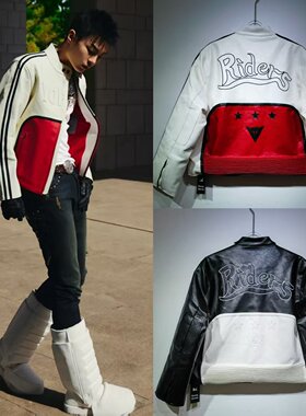 白景屹Kylie和Travis Scott街拍 同款重工刺绣复古赛车机车服夹克