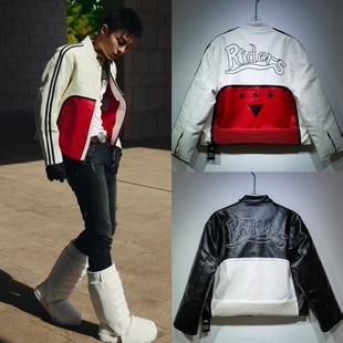 白景屹Kylie和Travis Scott街拍 同款重工刺绣复古赛车机车服夹克