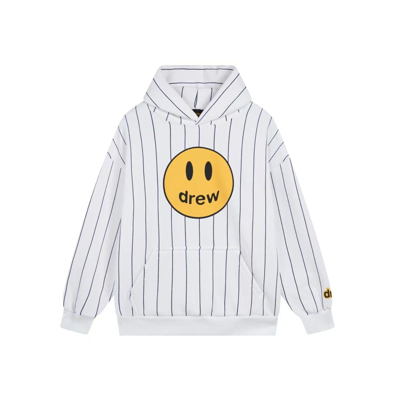 现货比伯同款竖条纹Drew笑脸logo印花帽衫男女宽松休闲连帽卫衣