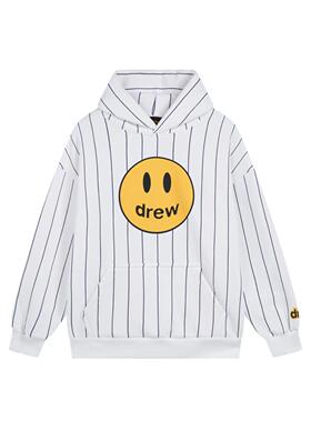 现货比伯同款竖条纹Drew笑脸logo印花帽衫男女宽松休闲连帽卫衣