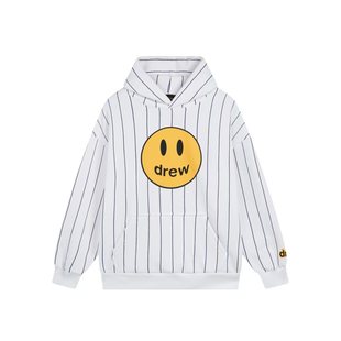 现货比伯同款竖条纹Drew笑脸logo印花帽衫男女宽松休闲连帽卫衣