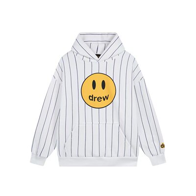 现货比伯同款竖条纹Drew笑脸logo印花帽衫男女宽松休闲连帽卫衣