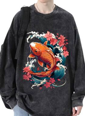 美式春春装男款插画锦鲤鱼潮牌宽松大码复古做旧水洗纯棉长袖T恤