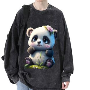 美式春春装男款3D个性可爱熊猫宽松大码复古做旧水洗纯棉长袖T恤