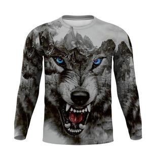 秋季男士3D立体山峰狼头宽松大码潮牌个性高弹打底衫冰丝防嗮长袖