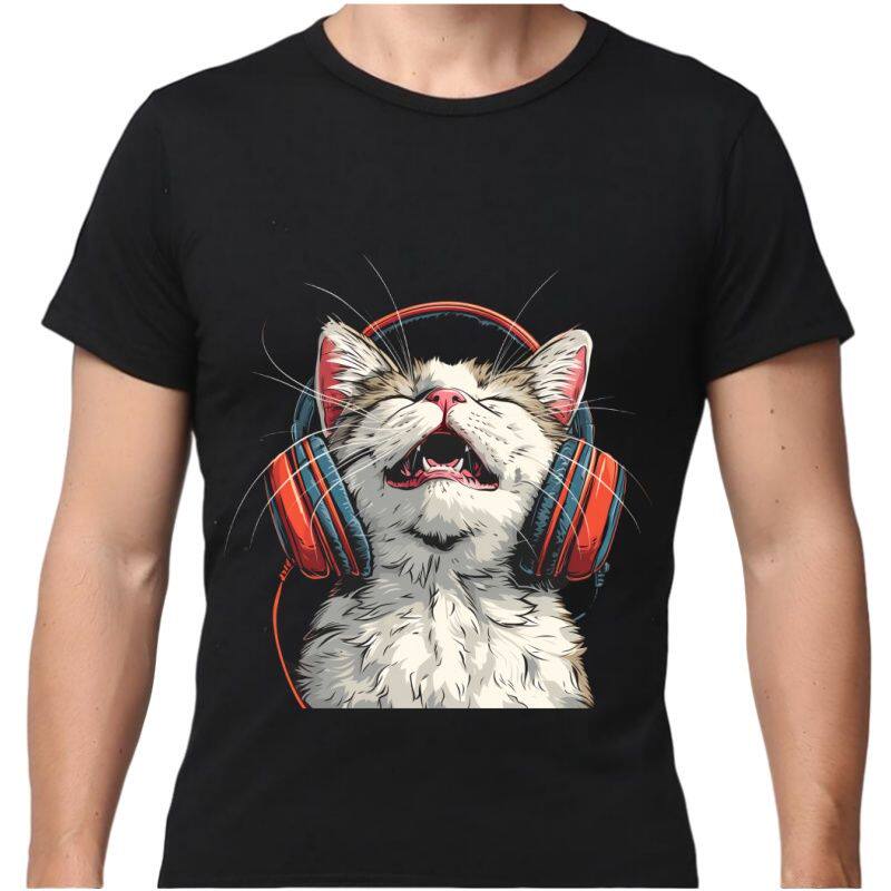 夏装3D印花耳机猫咪男子潮ins宽松大码个性个性半袖纯棉短袖t恤