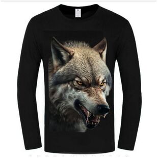 春装3D个性设计龇牙狼头潮牌宽松大码男士纯棉休闲长袖T恤打底衫