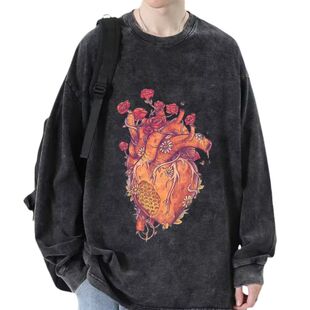 美式春春装男款插画心脏3D个性宽松大码复古做旧水洗纯棉长袖T恤