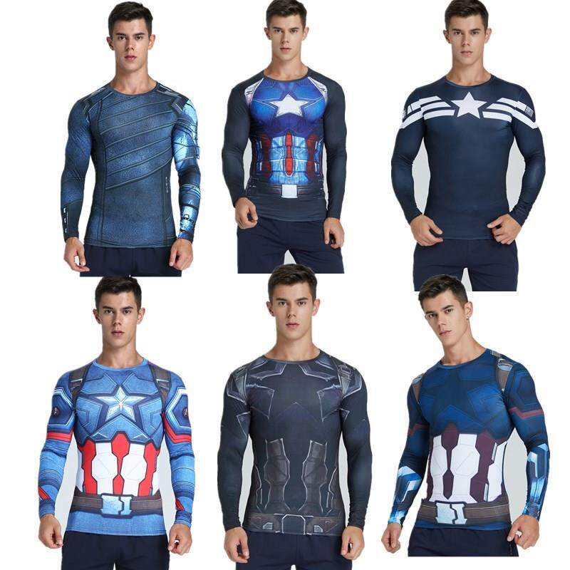 3D超级英雄美国队长弹力贴身篮球足球运动紧身健身衣修身长袖T恤