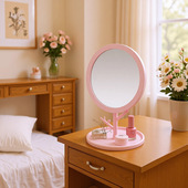 圆形塑料化妆镜家用首饰收纳架圆底美妆镜桌面宿舍随身高清镜子