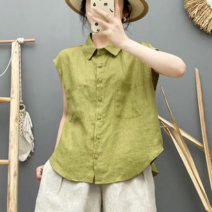 衬衫 文艺POLO领舒适亚麻坎肩2025夏季 显瘦气质减龄无袖 新款 女 薄款