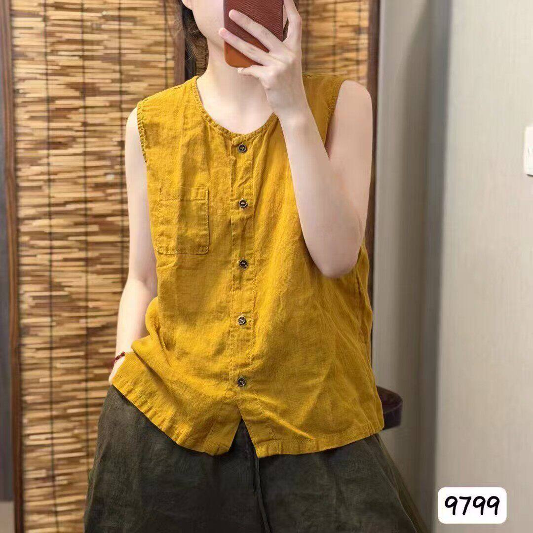 夏季亚麻无袖宽松百搭衬衫