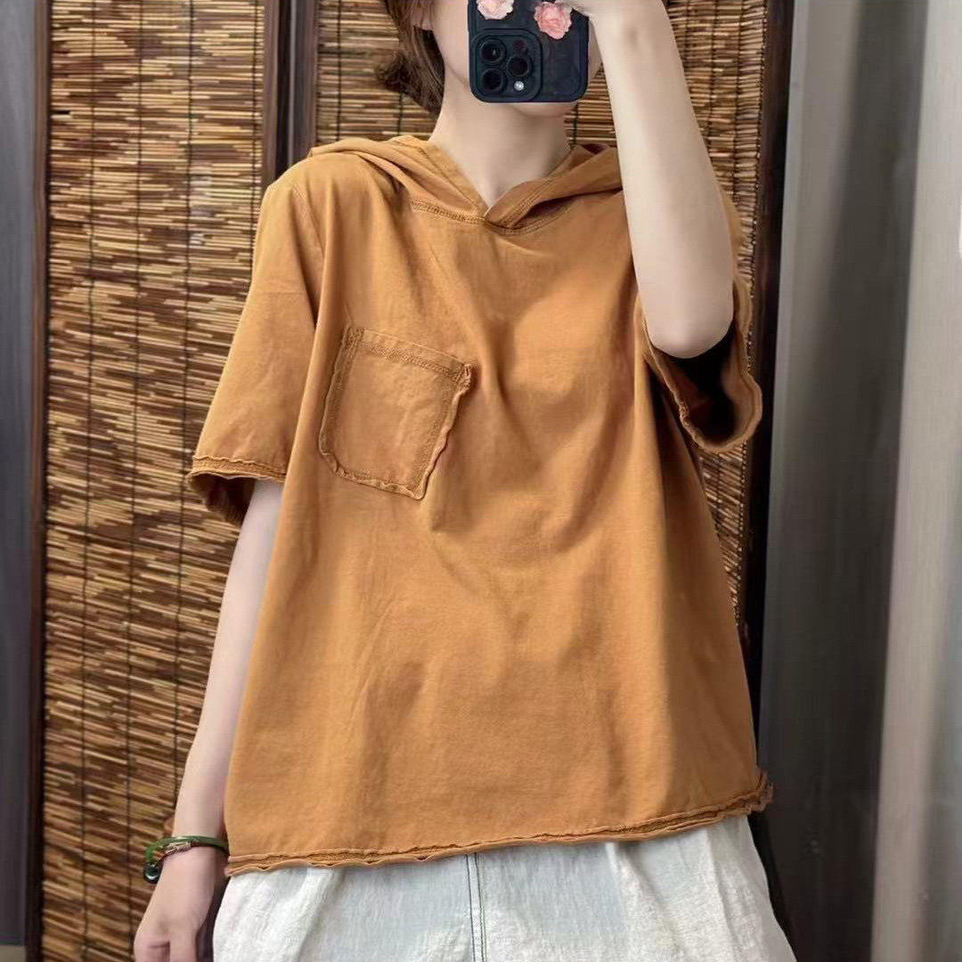时尚设计口袋连帽纯棉短袖T恤2026春夏休闲显瘦百搭纯色短袖上衣