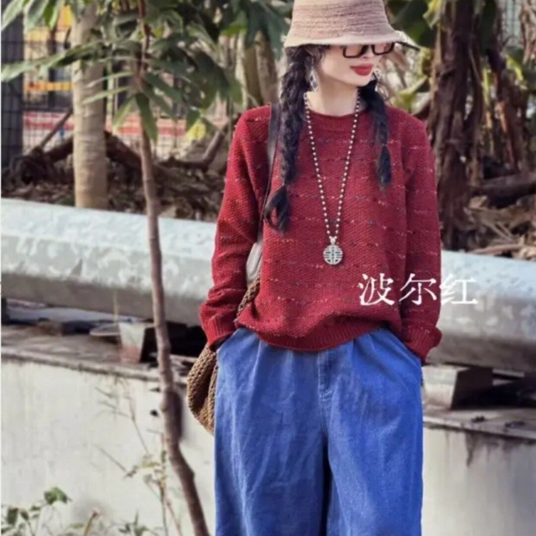 2026早春新款时尚复古洋气宽松圆领设计感色织针织文艺气质套头衫