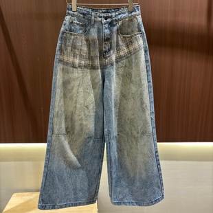 宽松阔腿直筒牛仔裤 街头复古做旧3D立体裙摆印花 美式 25秋冬新款