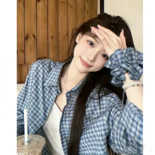 蓝色宽松复古不褪色女款 港味长袖 赠送头花 港味纯棉格子衬衫 夏季