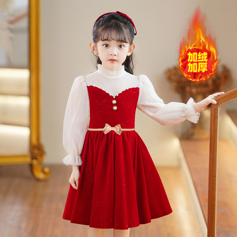 儿童演出服冬款生日晚礼服2025女童加绒红色公主裙主持节日表演裙