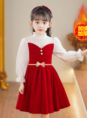 儿童演出服冬款生日晚礼服2025女童加绒红色公主裙主持节日表演裙