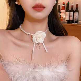 山茶花朵珍珠颈链choker项圈女颈带项链锁骨链绑带脖子系花配饰