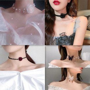 超仙网纱浪漫花朵锁骨链气质多层鱼线珍珠项链蝴蝶个性choker项圈