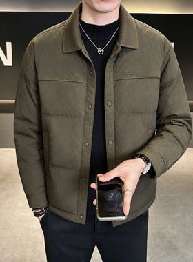 羽绒服男冬季翻领2026新款修身短款行政夹克式袄子假两件冬装外套