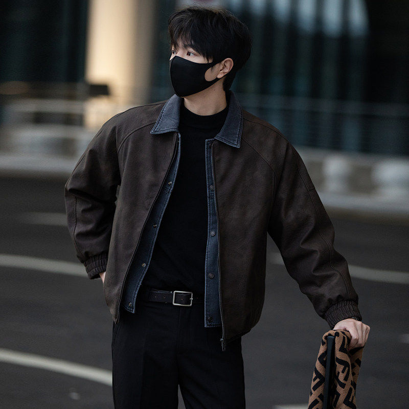 痞帅假两件PU皮羽绒服男冬季潮牌美式短款高级感牛仔拼接夹克外套