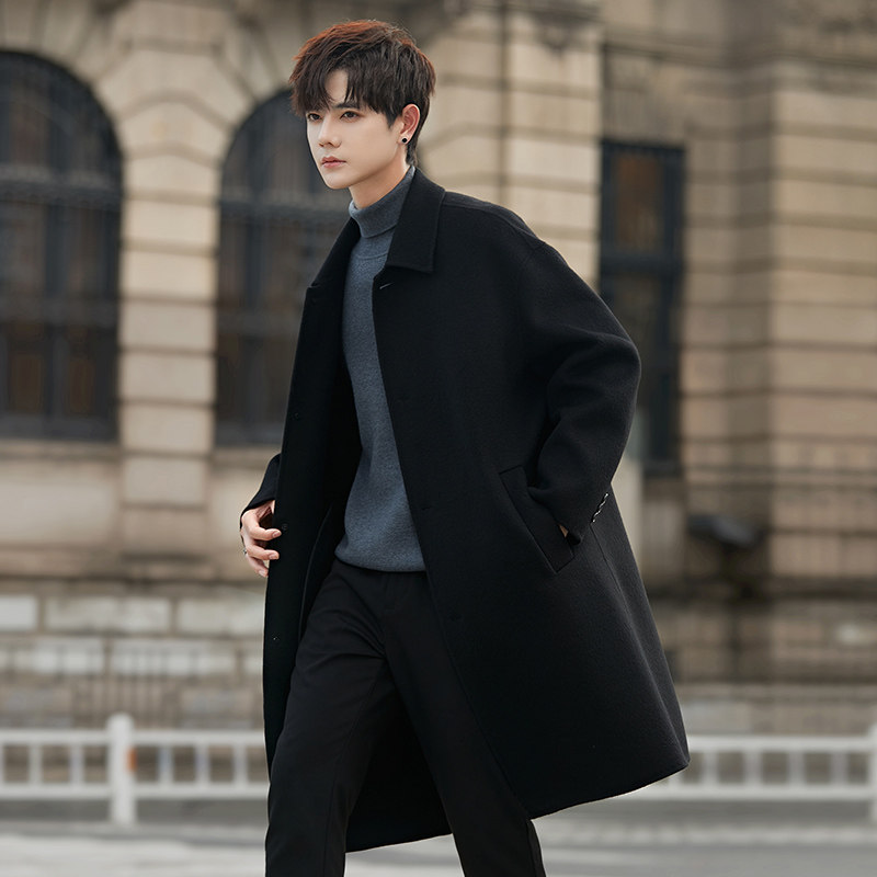 双面全纯100羊毛呢子大衣男士韩版翻领高级感中长款风衣外套保暖