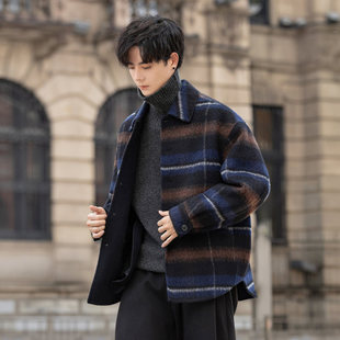格子双面呢子男士羊毛大衣短款青少年纯色休闲衬衫式羊驼毛呢外套