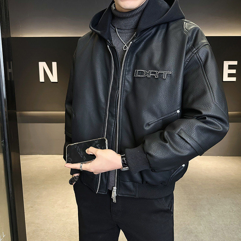 2025冬季新款PU皮连帽羽绒服男潮牌美式短款加厚保暖鸭绒夹克外套