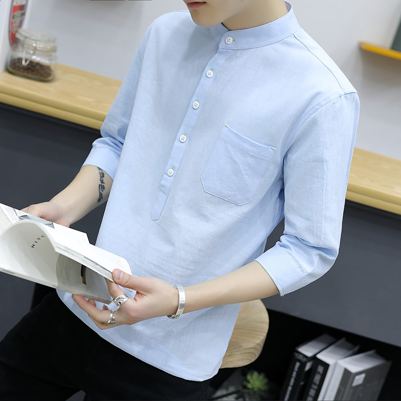 亚麻衬衫男夏季纯色立领七分袖衬衣韩版修身寸衫帅气短袖棉麻上衣