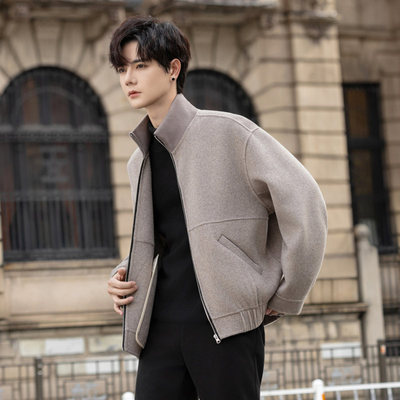 高端立领双面羊绒夹克男士痞帅休闲羊毛呢子外套短款韩版潮流上衣
