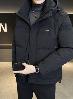 白鸭绒羽绒服男短款冬季2025新款高级感潮牌连帽防寒加厚外套冬天