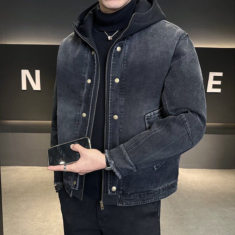 假两件羽绒服男轻薄短款连帽加厚潮牌时尚高端牛仔夹克冬季外套男