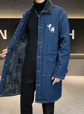 羊羔绒牛仔外套男款秋冬加绒加厚保暖中长款大衣2026新款大码风衣