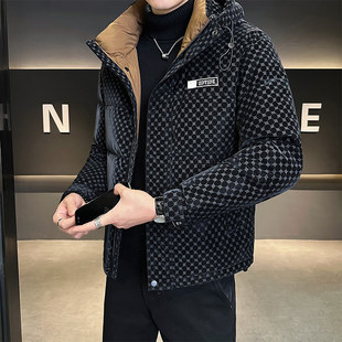 加厚保暖冬季 潮牌字母满印短款 防寒服外套 连帽羽绒服男款 痞帅工装