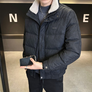 皮羽绒服男冬季2026新款修身短款可拆卸羊羔毛领轻薄保暖冬装外套