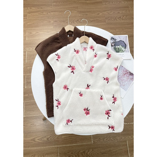 刺绣设计百搭 新款 I5外单纯元 羊羔毛V领套头背心软fufu上衣25冬季