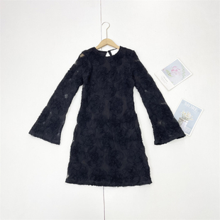 圆领套头露背X字法式 D2立体花朵提花 外单25秋长袖 款 感连衣裙 时尚