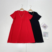 D3简约优雅纯色 A字连衣裙 V领短袖 大pai25夏新款 外贸女休闲中长款