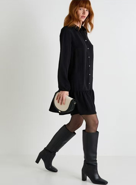 M2清新减龄！英单外单25秋新翻领长袖复古中长款荷叶下摆连衣裙女