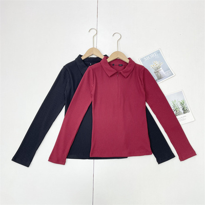 H4显瘦罗纹~韩单外单25秋新款女长袖拉链翻领直筒修身T恤衫弹性好