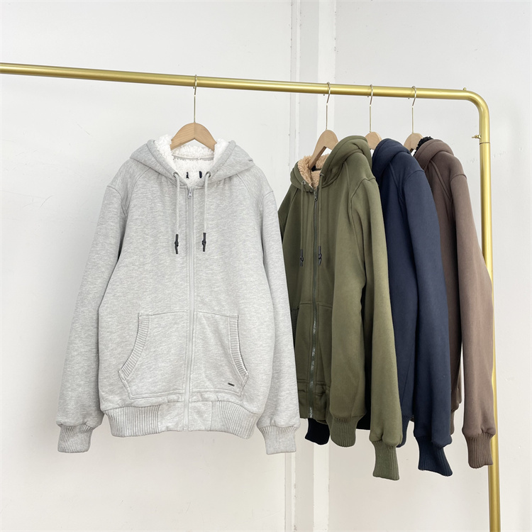 C5出口单外贸内里羊羔毛冬新款男女同款连帽拉链长袖宽松卫衣开衫